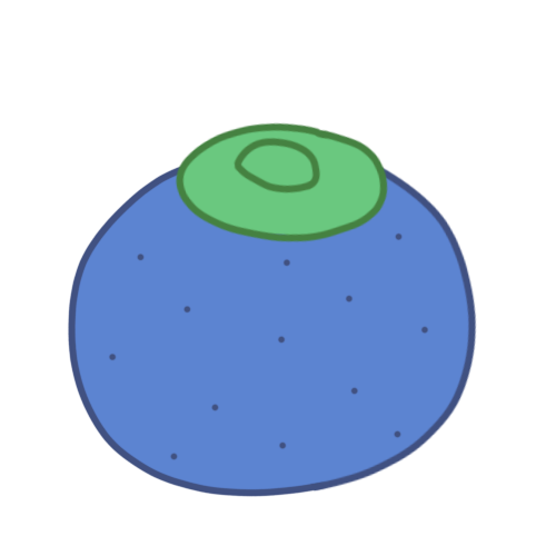 A blue berry with a few scattered darker specks and a small green stem.